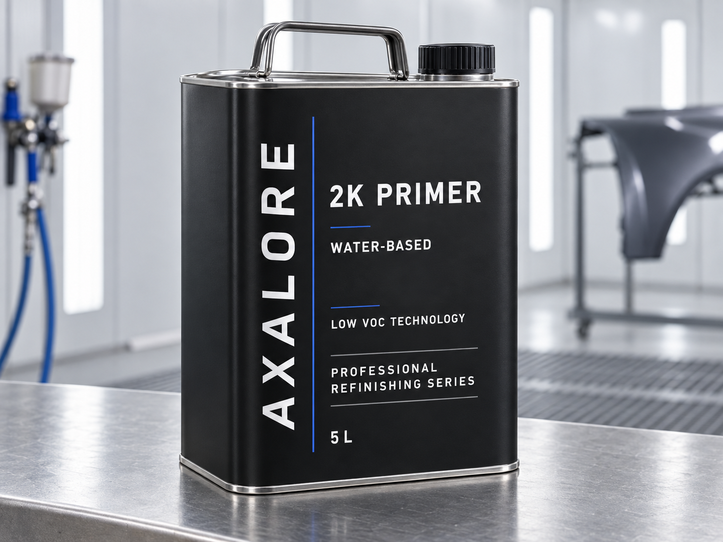 Axalore water-based 2K primer in a 5 litre metal can